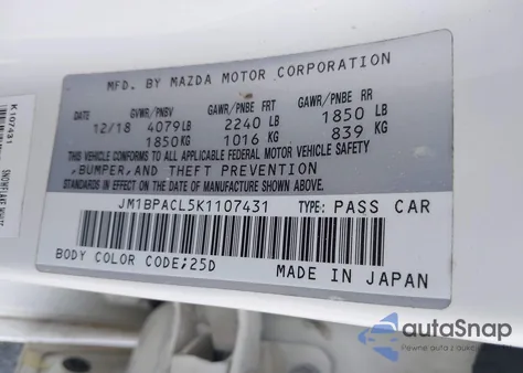 2019 Mazda Mazda3 Select Package z USA, uszkodzony, nr VIN JM1BPACL5K1107431